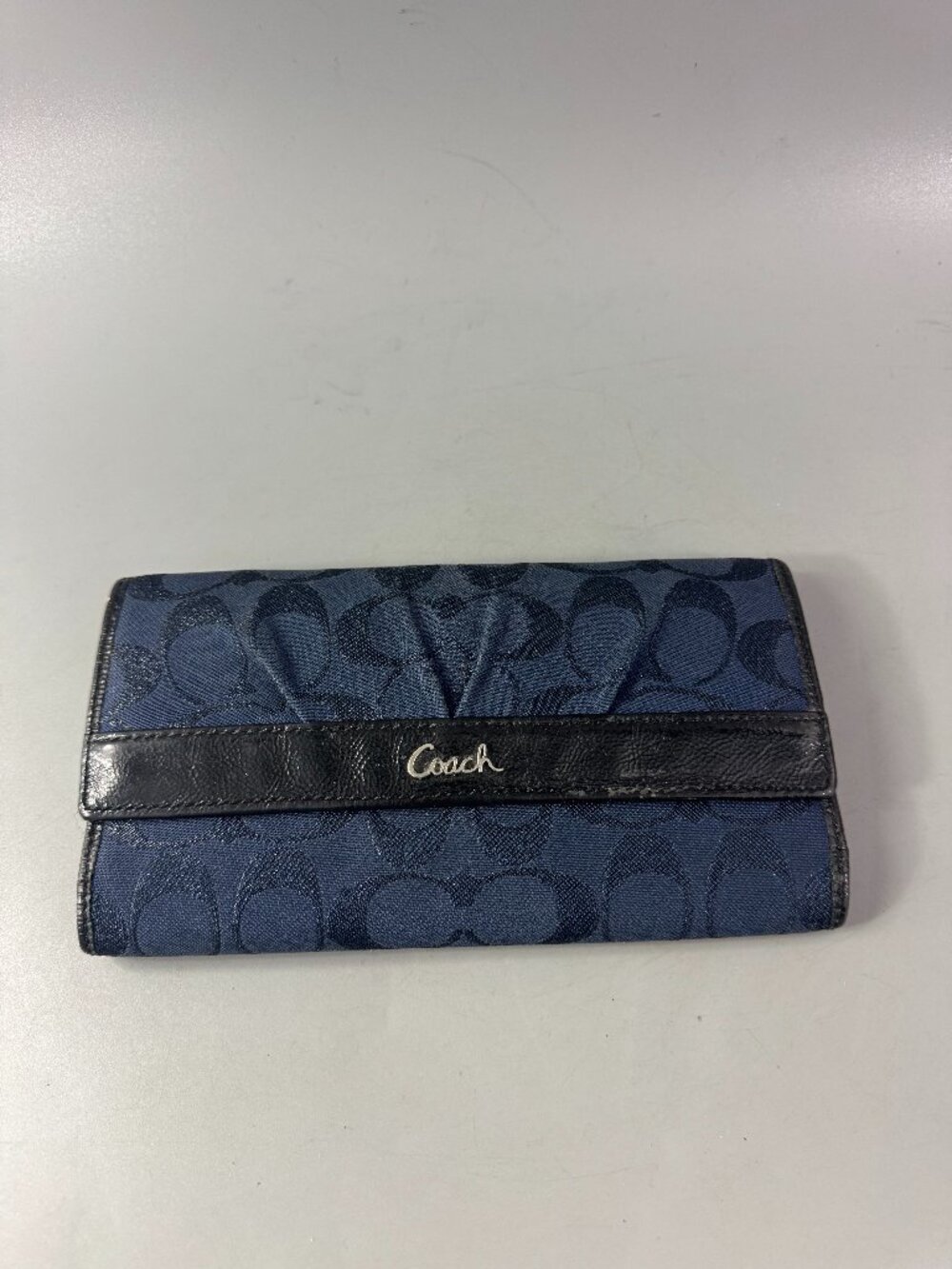 Coach Midnight Blue Shimmer Canvas & Black Patent Leather Trim Long Wallet